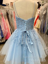 A Line V Neck Short Light Blue Lace Semi Formal Prom Dresses, Short Light Blue Lace Homecoming Dresses